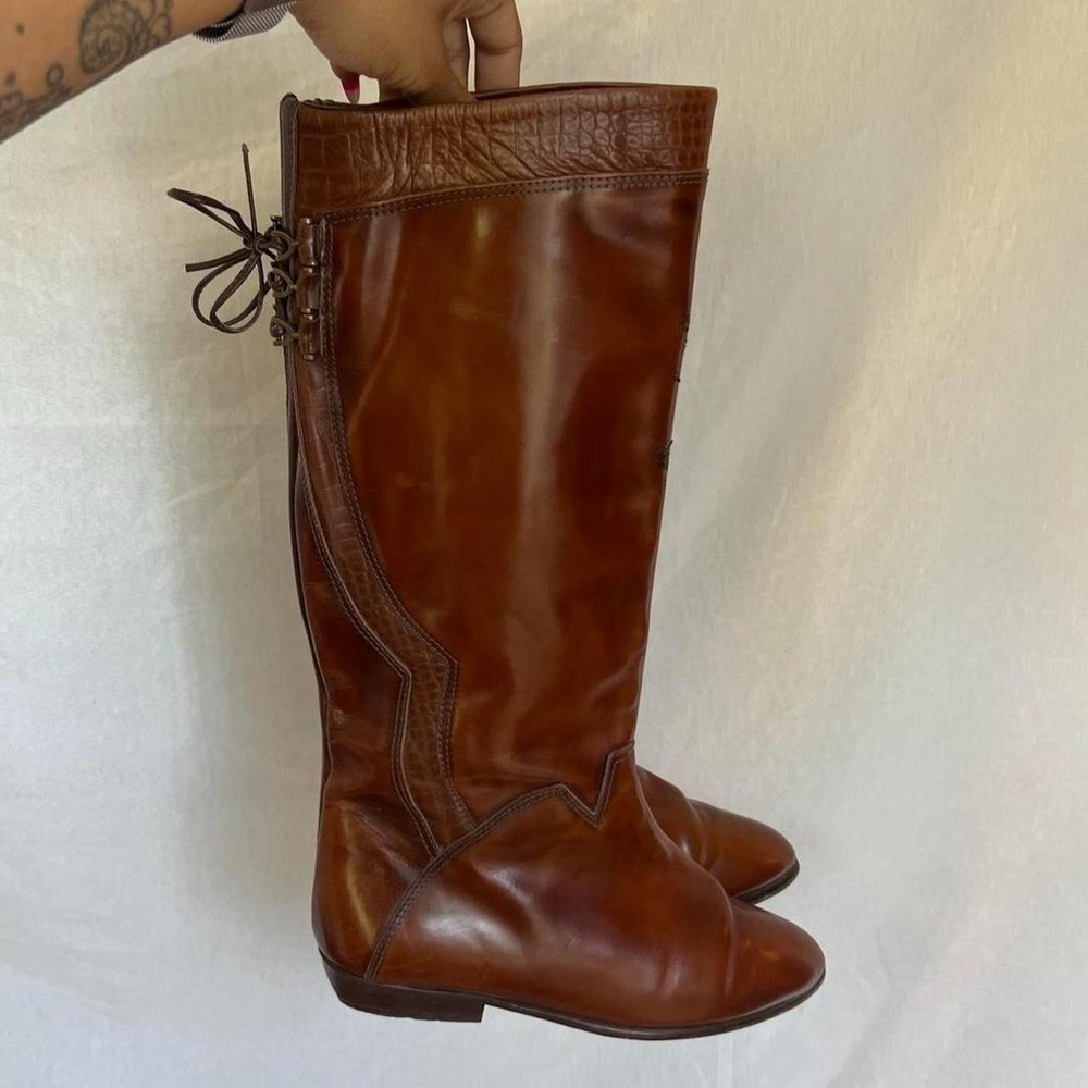 70s Cognac Brown Vintage Leather Lace-Up Back Riding Boots